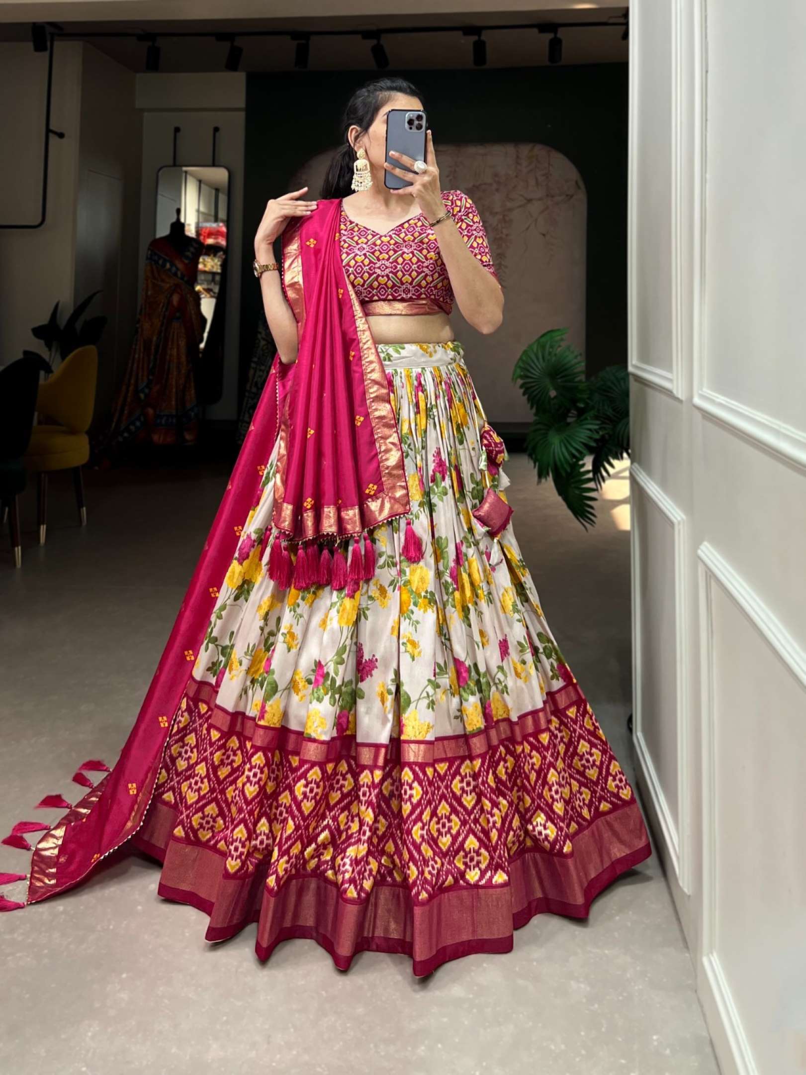 Vibrant Tussar Silk Lehenga Choli Set | Floral Bliss with Patola and Gota Work