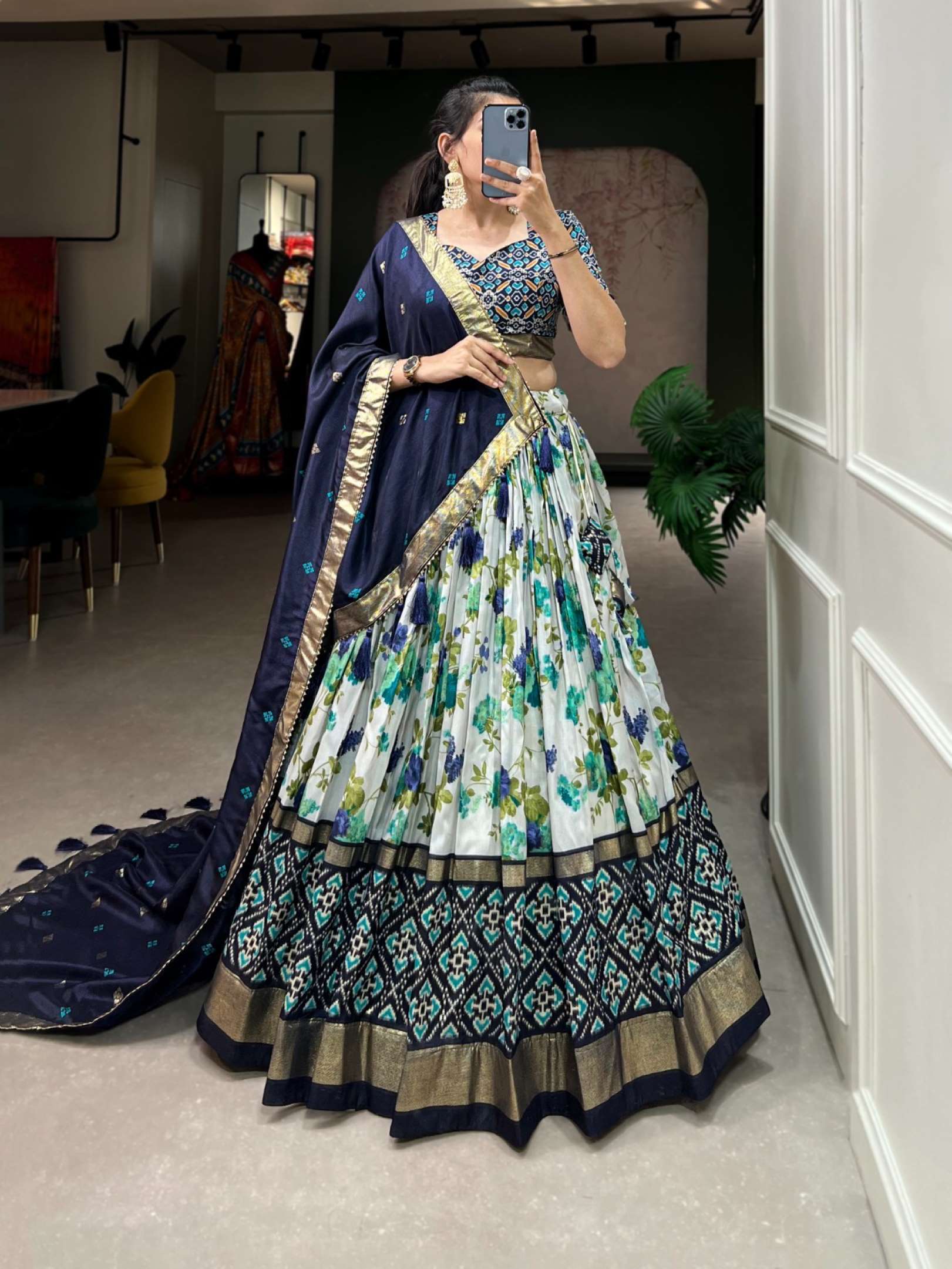 Vibrant Tussar Silk Lehenga Choli Set | Floral Bliss with Patola and Gota Work