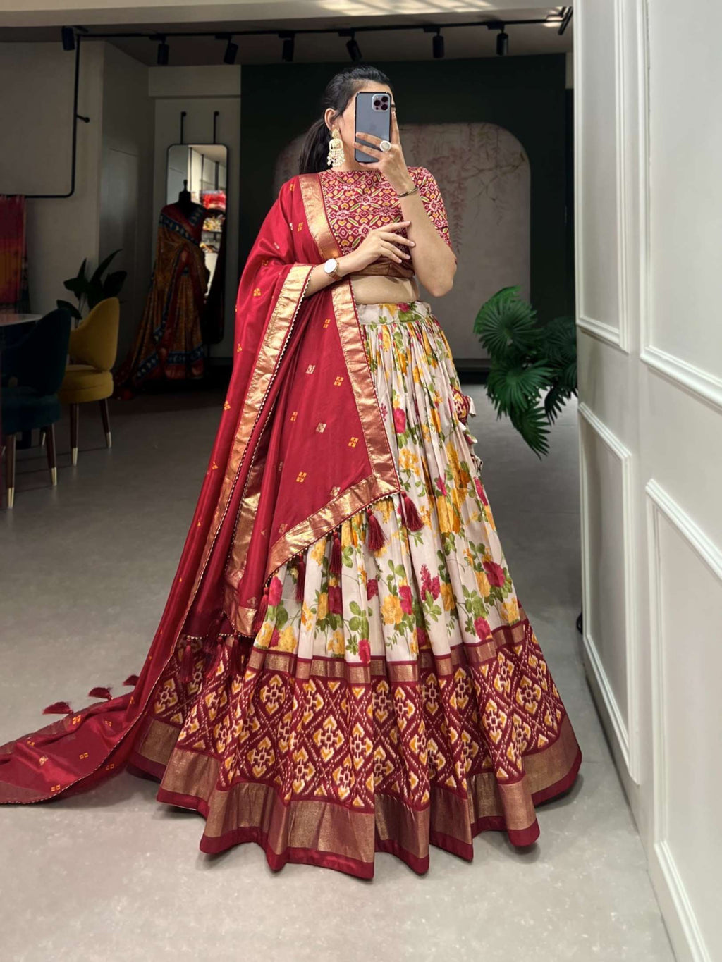 Vibrant Tussar Silk Lehenga Choli Set | Floral Bliss with Patola and Gota Work