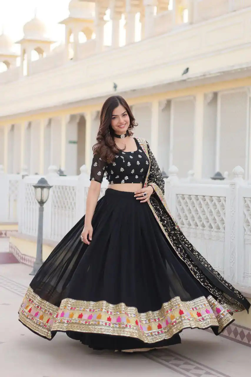 Designer Black Georgette Lehenga Choli with Luxurious Embroidery & Lace