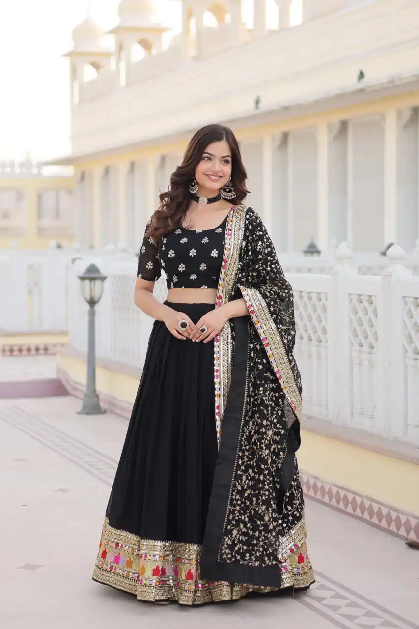 Designer Black Georgette Lehenga Choli with Luxurious Embroidery & Lace
