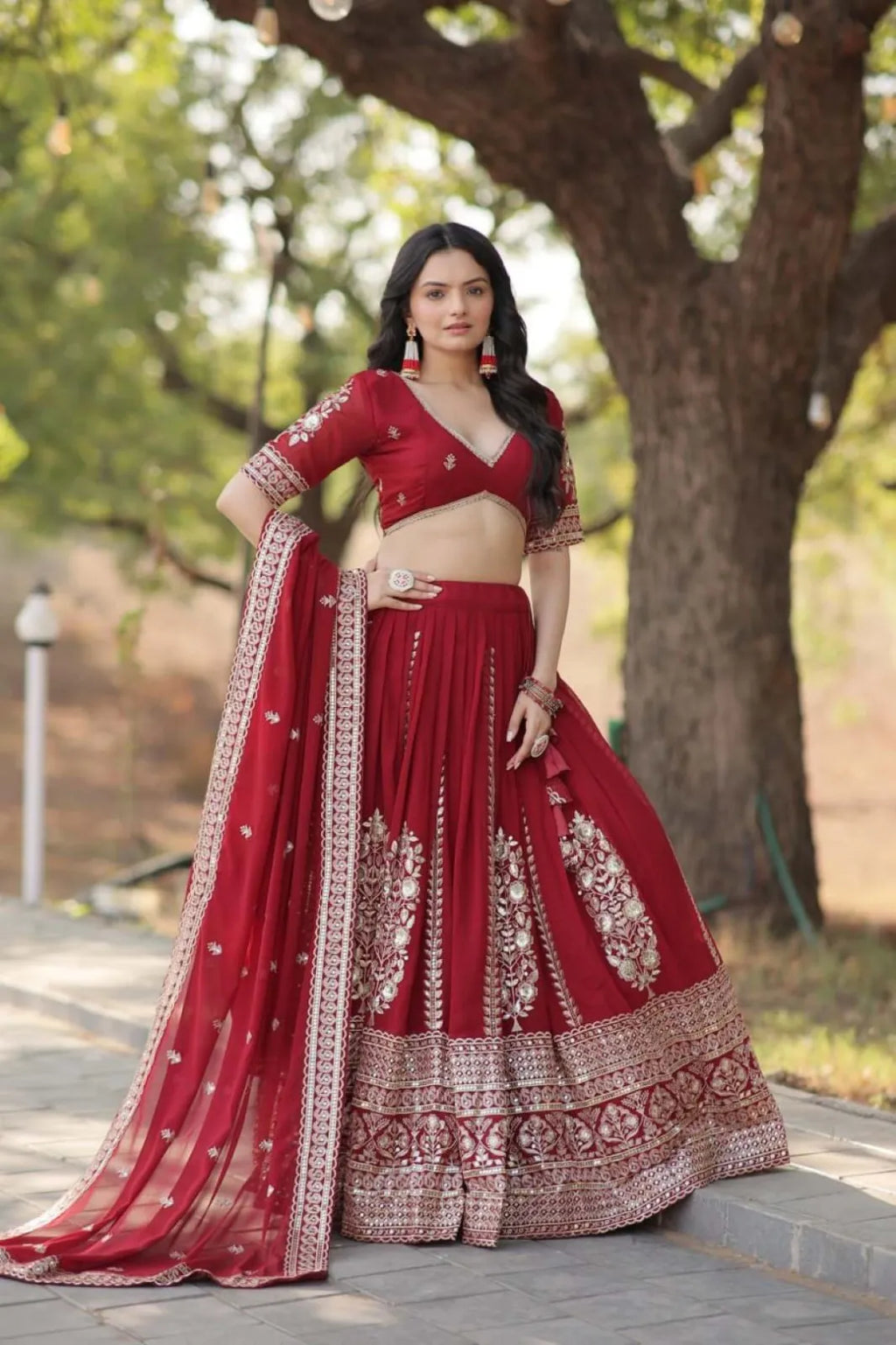 Red Georgette Lehenga Choli with Gorgeous Embroidery & Sequins Detailing