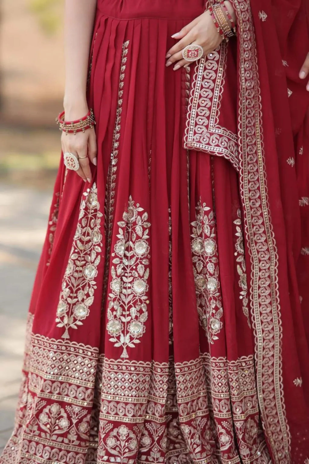 Red Georgette Lehenga Choli with Gorgeous Embroidery & Sequins Detailing