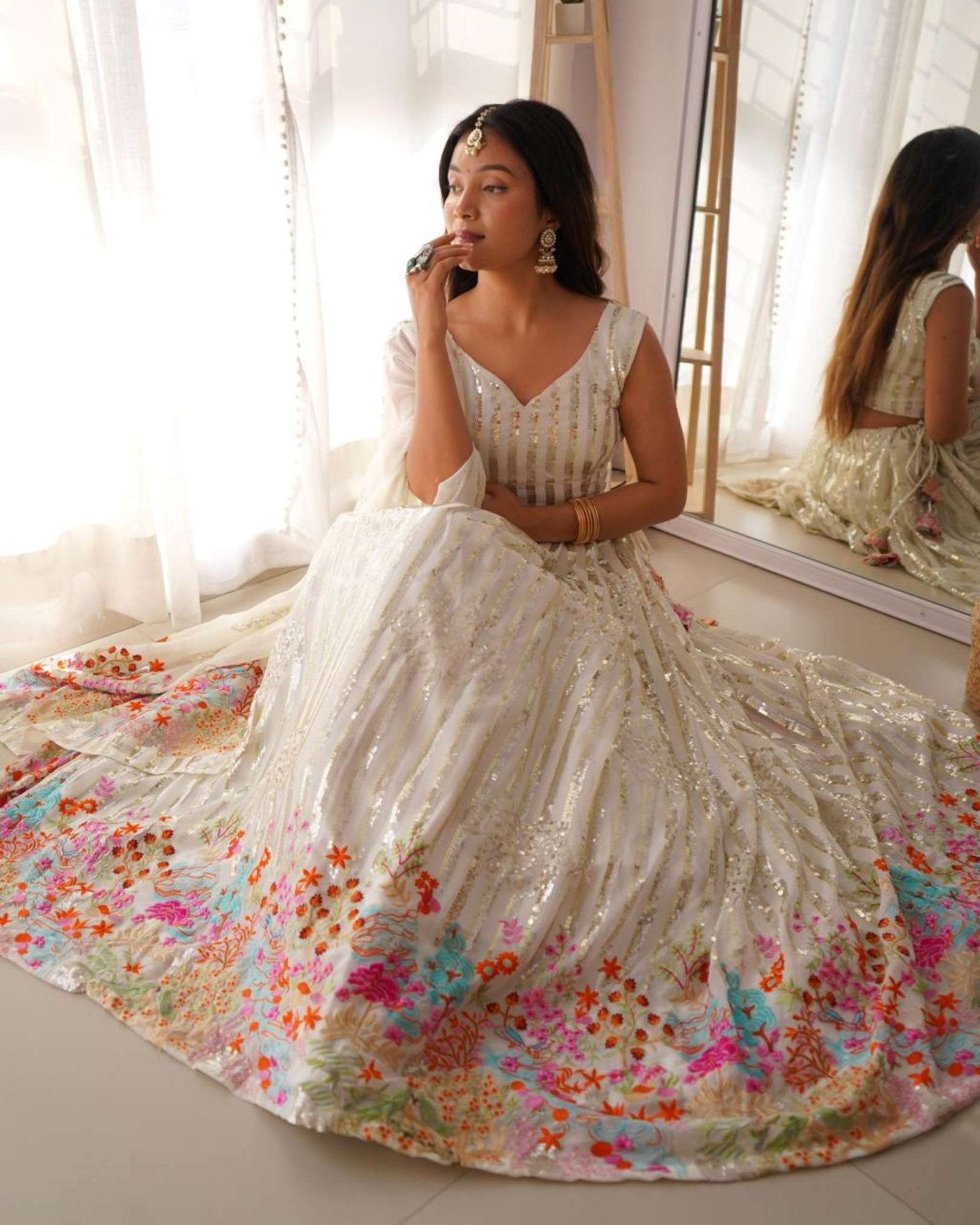 Radiant Elegance: White Fox Georgette Lehenga with Luxurious Sequence Work – Perfect for Every Celebration!
