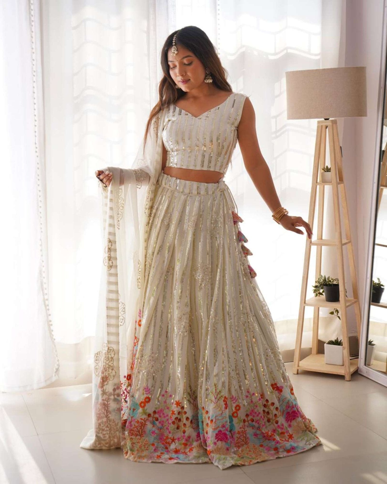 Radiant Elegance: White Fox Georgette Lehenga with Luxurious Sequence Work – Perfect for Every Celebration!
