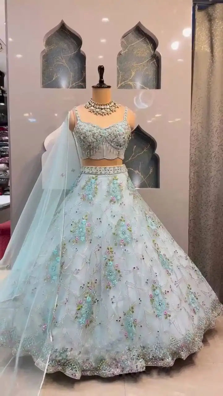 Royal Glam: Organza light Blue Silk Lehenga Choli with Heavy Embroidery