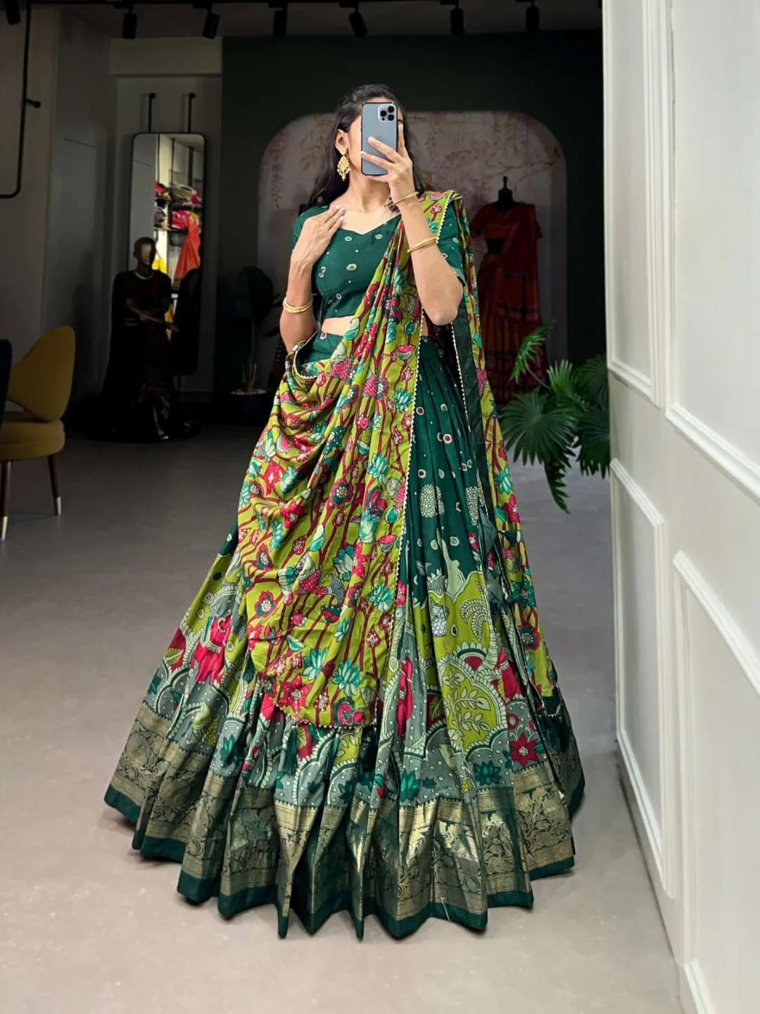 Stunning Green Kalamkari Print Lehenga Choli with Foil Work