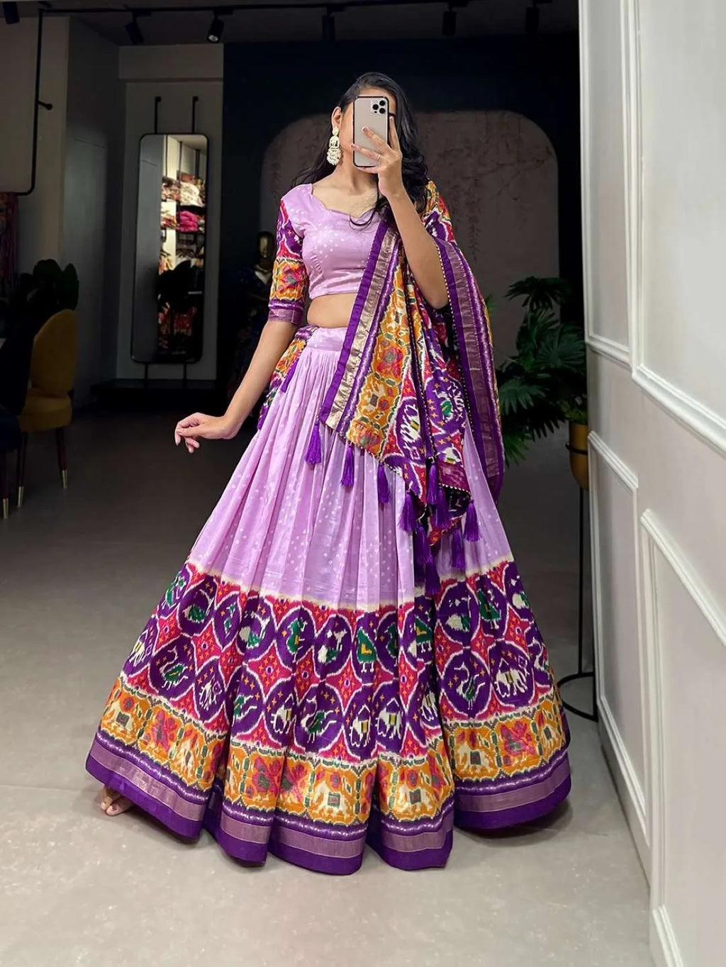 Stunning Tussar Silk Lehenga Choli Set | Floral Bliss with Patola and Gota Work