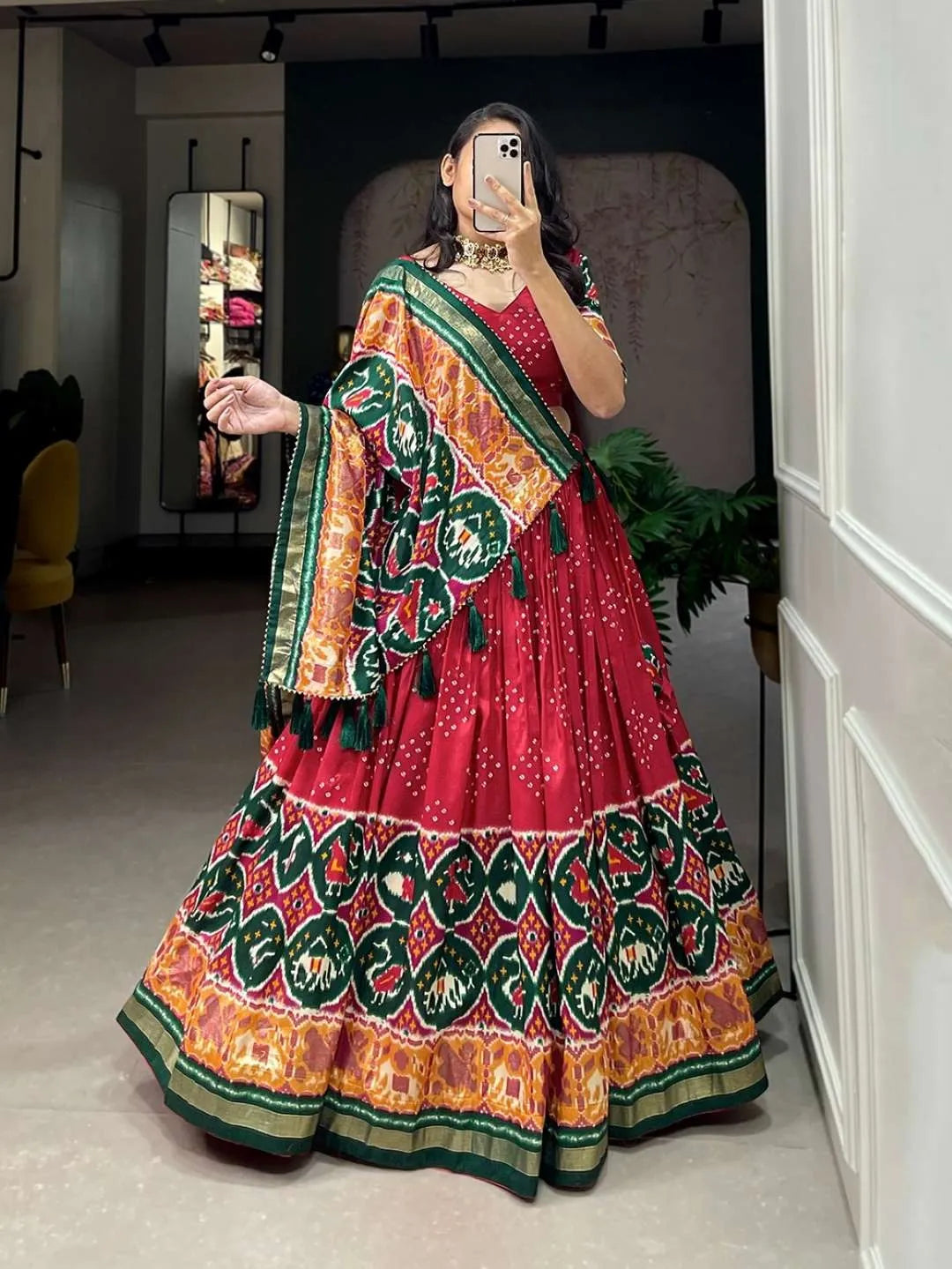 Stunning Tussar Silk Lehenga Choli Set | Floral Bliss with Patola and Gota Work