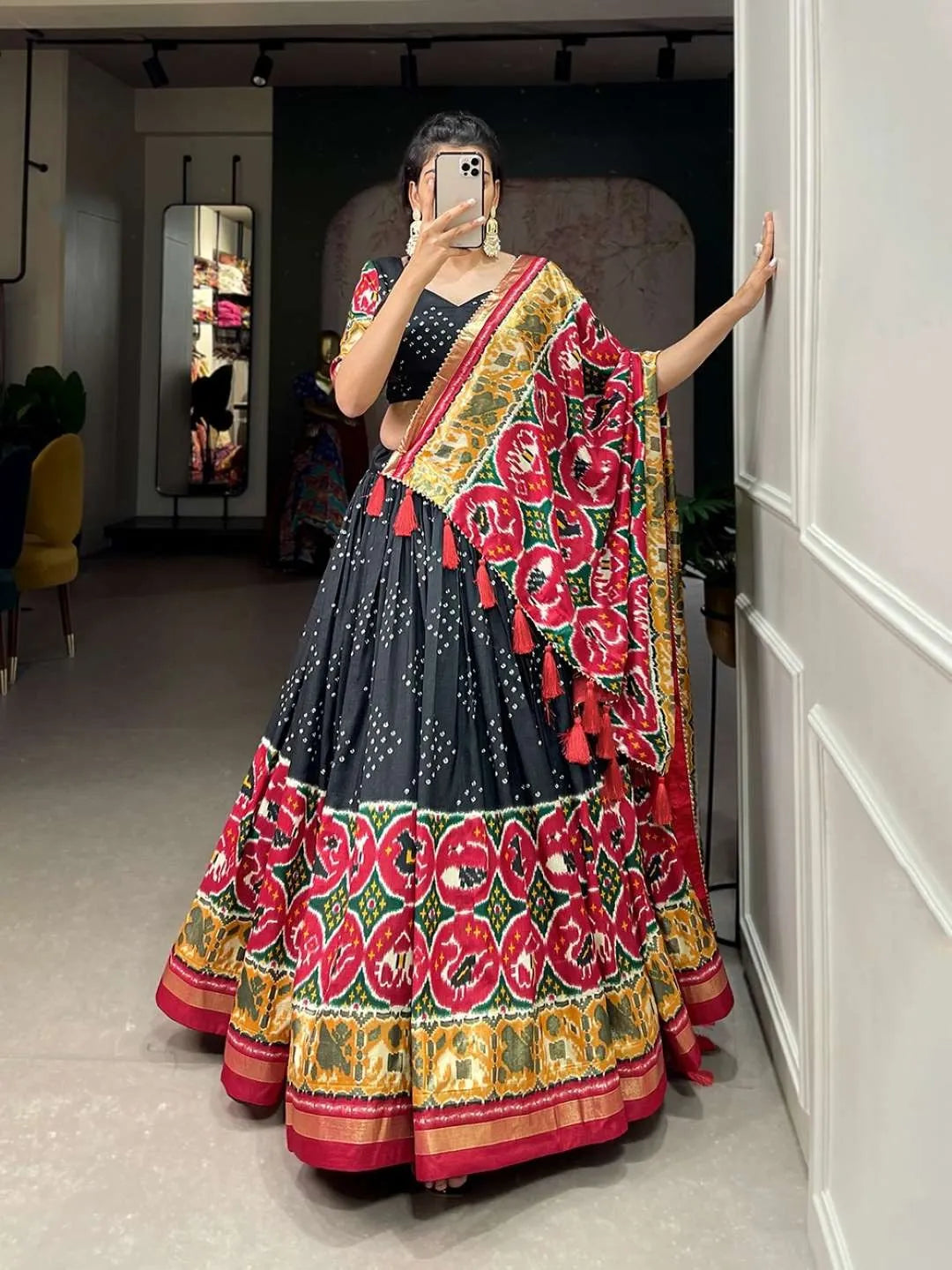 Stunning Tussar Silk Lehenga Choli Set | Floral Bliss with Patola and Gota Work