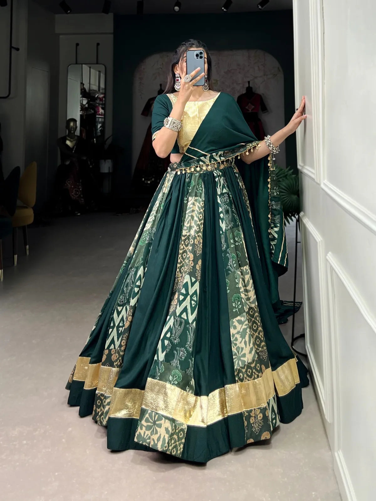 Midnight Green with Antique Gold detailing | Silk Navratri Lehenga Choli