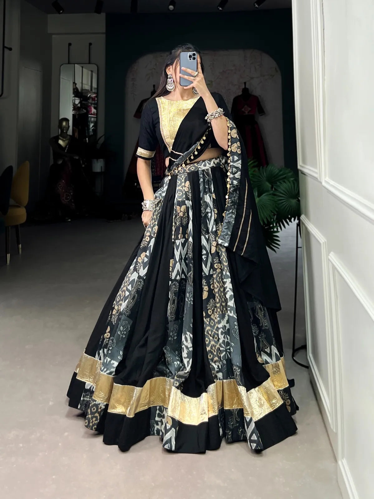 Midnight Black with Antique Gold detailing | Silk Navratri Lehenga Choli