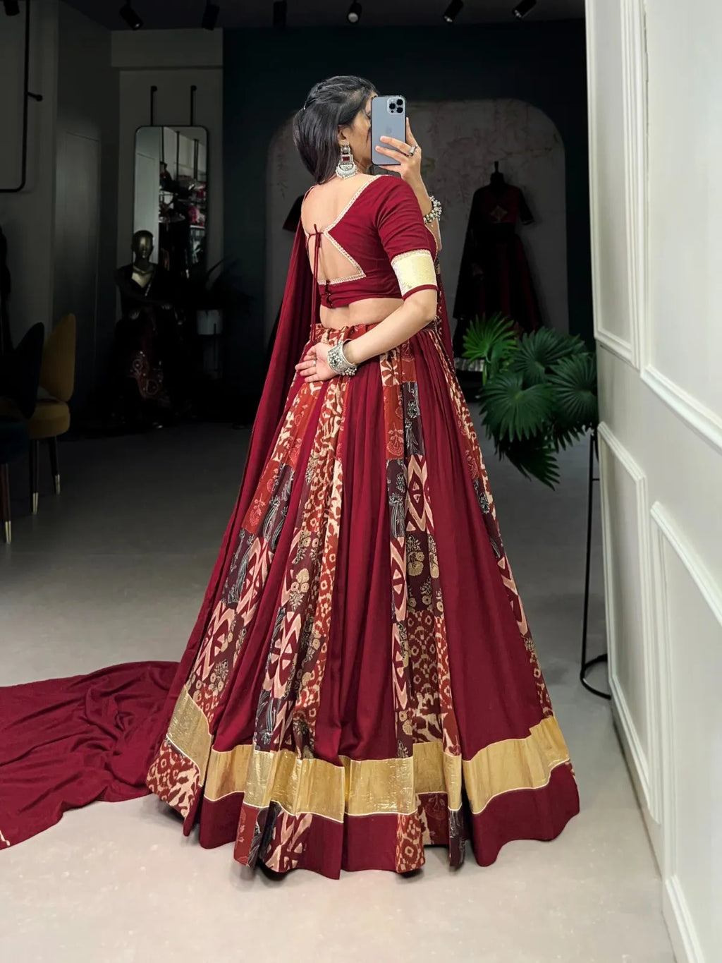 Midnight Red with Antique Gold detailing | Silk Navratri Lehenga Choli
