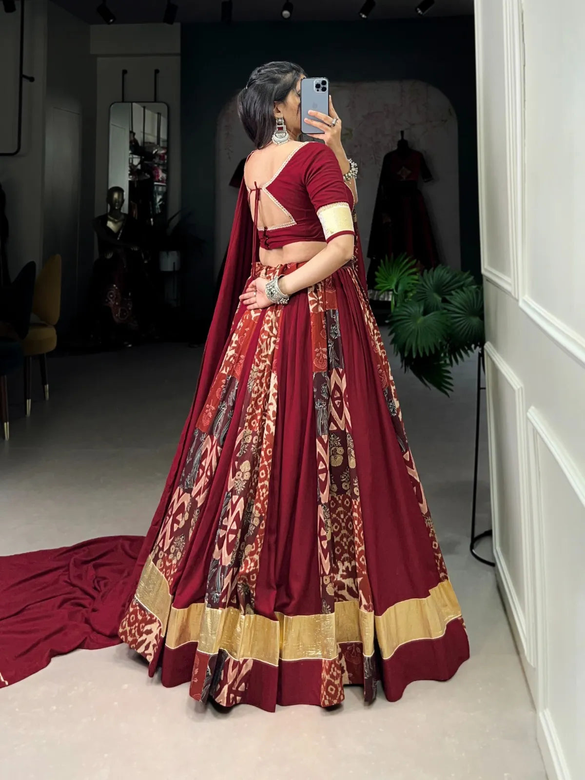 Midnight Red with Antique Gold detailing | Silk Navratri Lehenga Choli