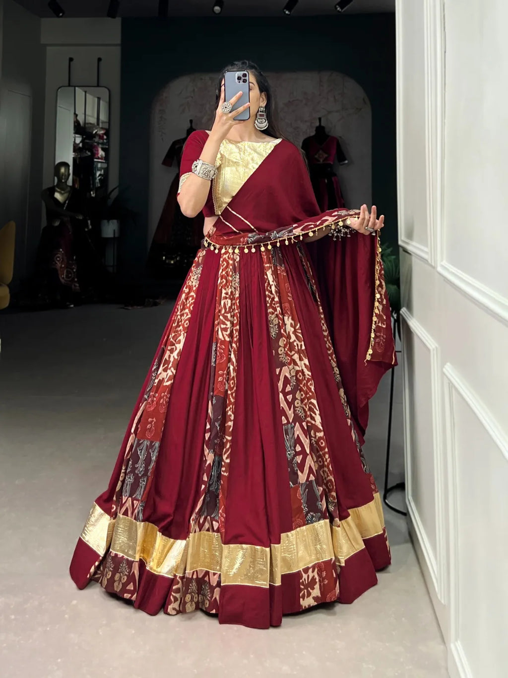 Midnight Red with Antique Gold detailing | Silk Navratri Lehenga Choli