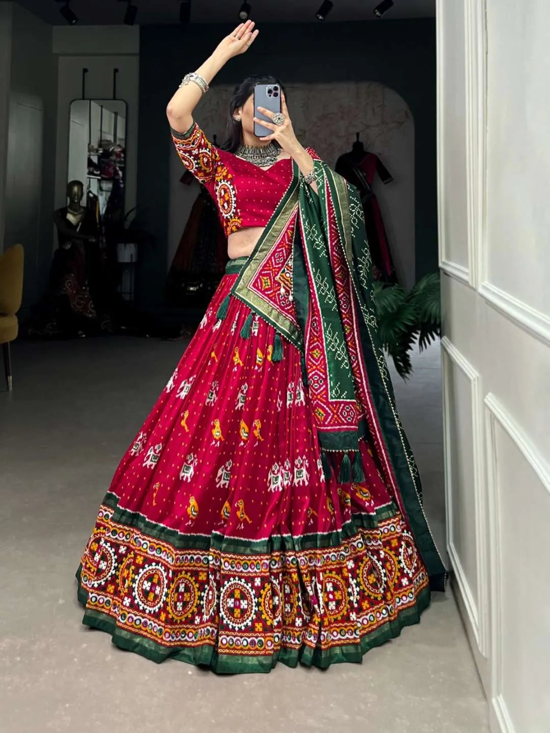 Vibrant Red Navratri Chaniya Choli with Patola Print