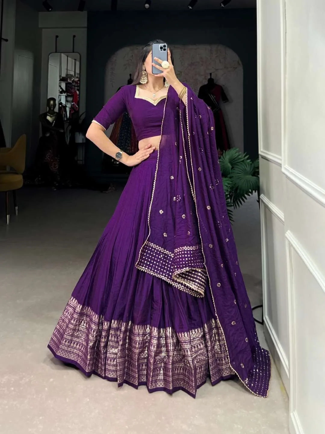 Elegant Purple Chanderi Lehenga Choli with Zari Weaving & Sequins Embroidery