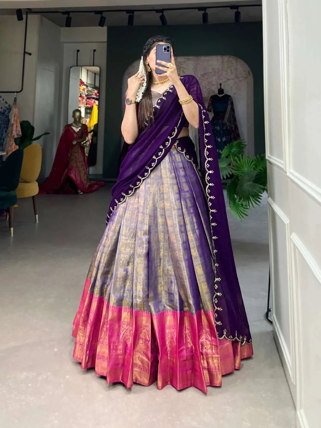 Elegance of Tradition:  Kanjivaram Lehenga & Purple Choli