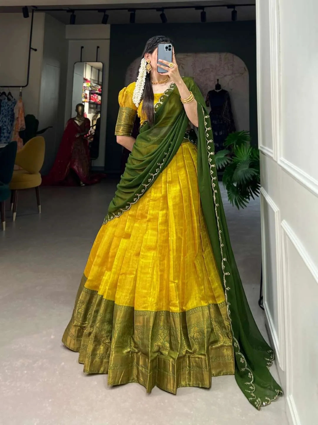Elegance of Tradition:  Kanjivaram Lehenga Green Choli